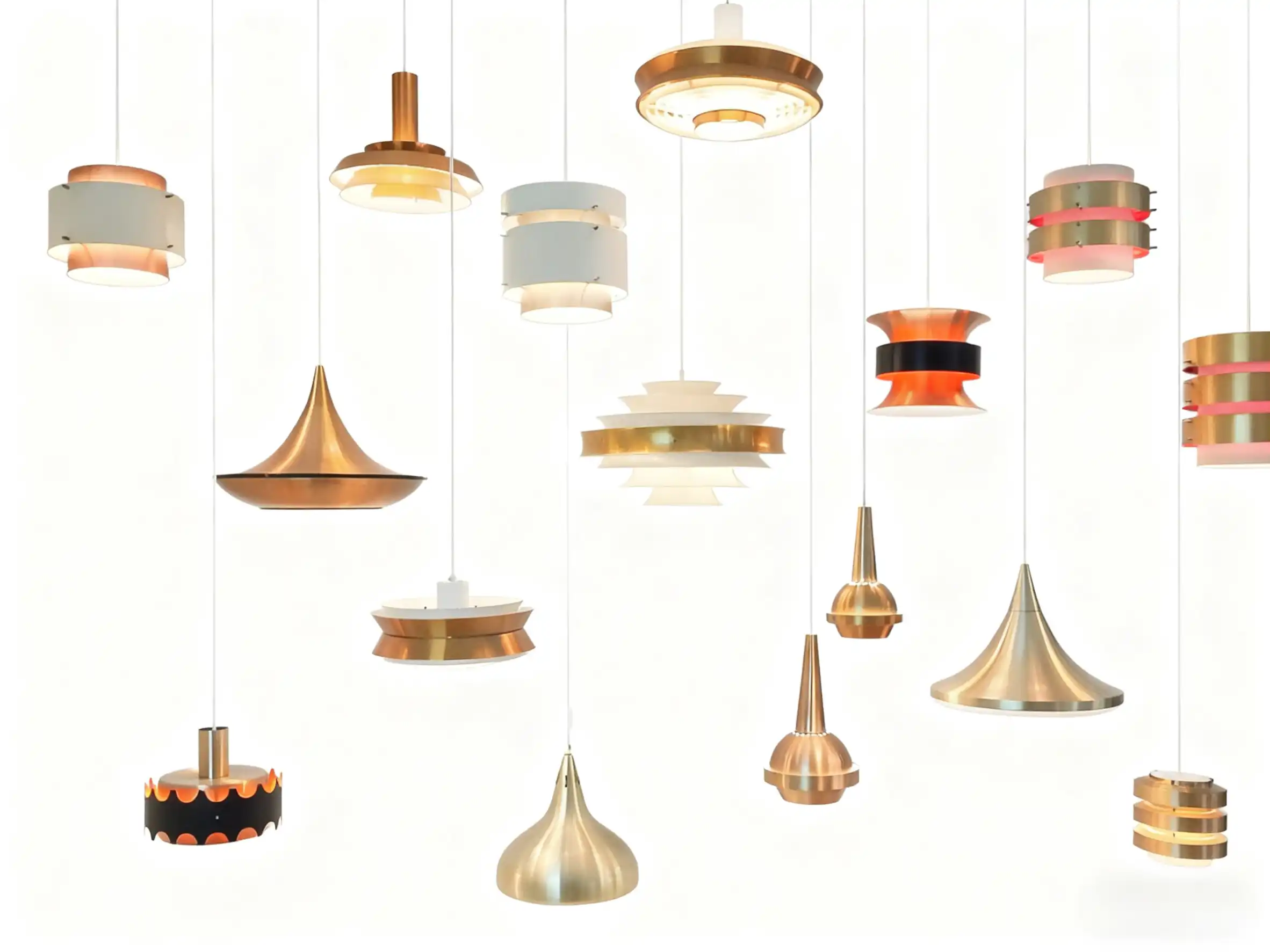 A collection of mid-century modern pendant lights in various shapes and metallic finishes, hanging against a white background.
